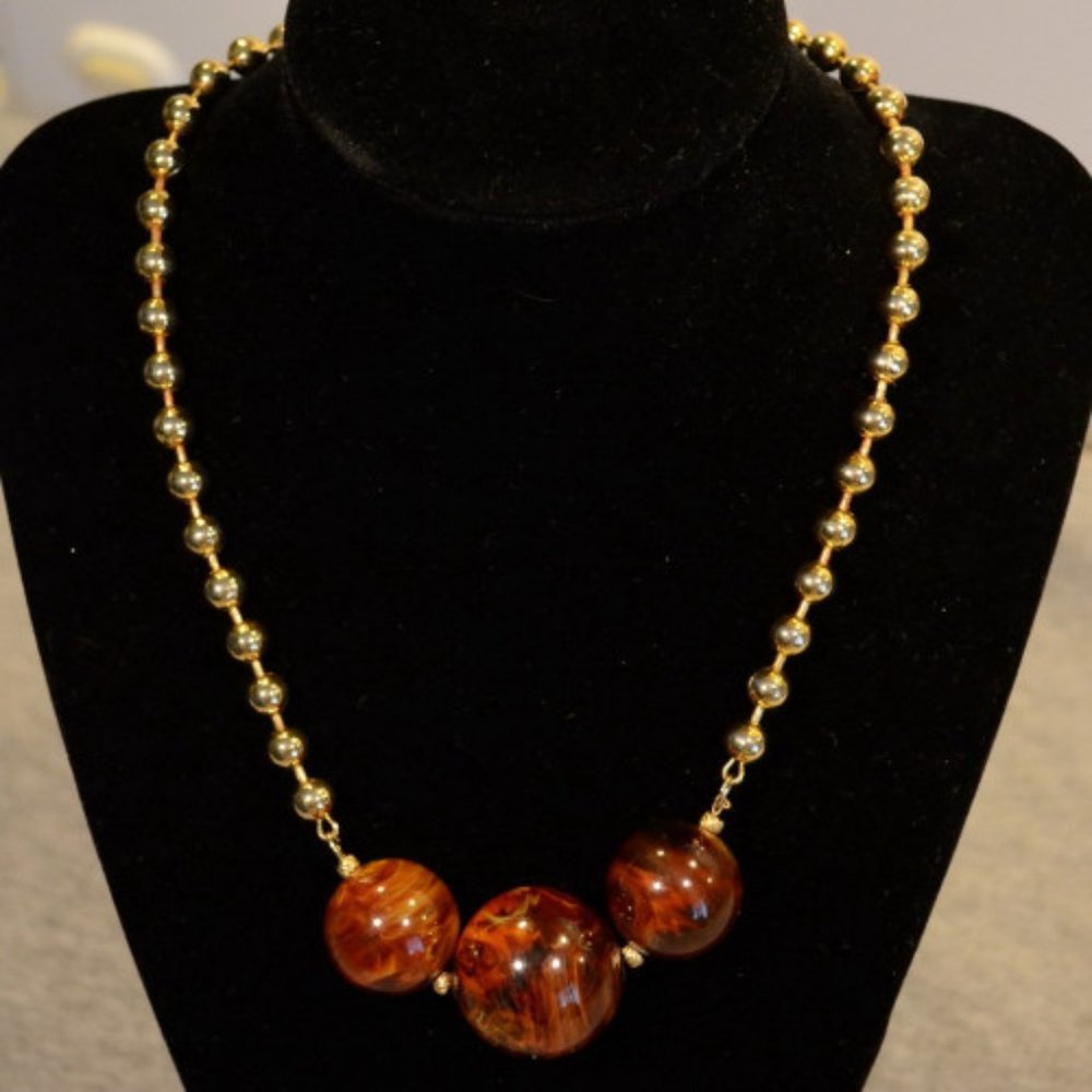 Swirled Amber Lucite & Gold Bead Necklace - Vintage